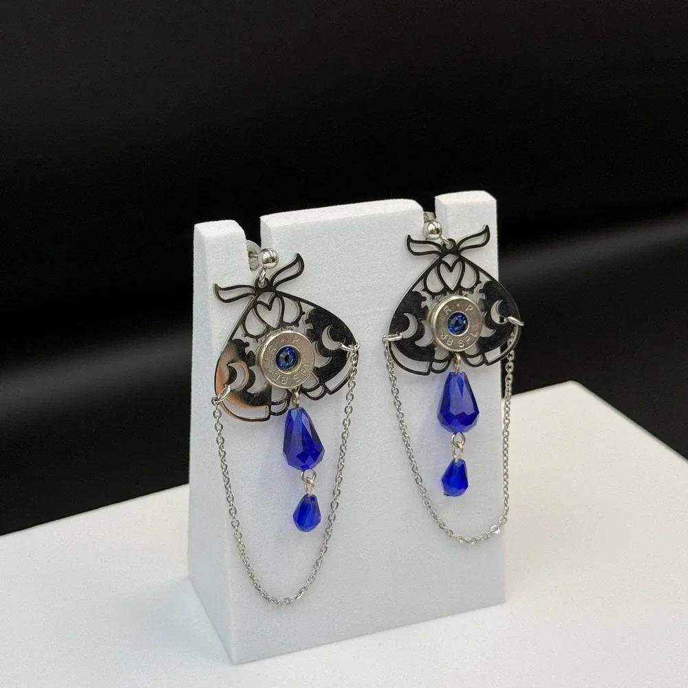 Vintage Womens silver Tone Chain‎ Blue Beaded Fashion Dangle/Drop Earrings